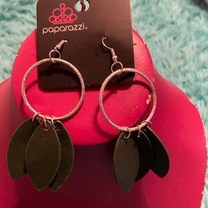 Paparazzi Silver Hoop Earrings with Dark Green Leaf Charms